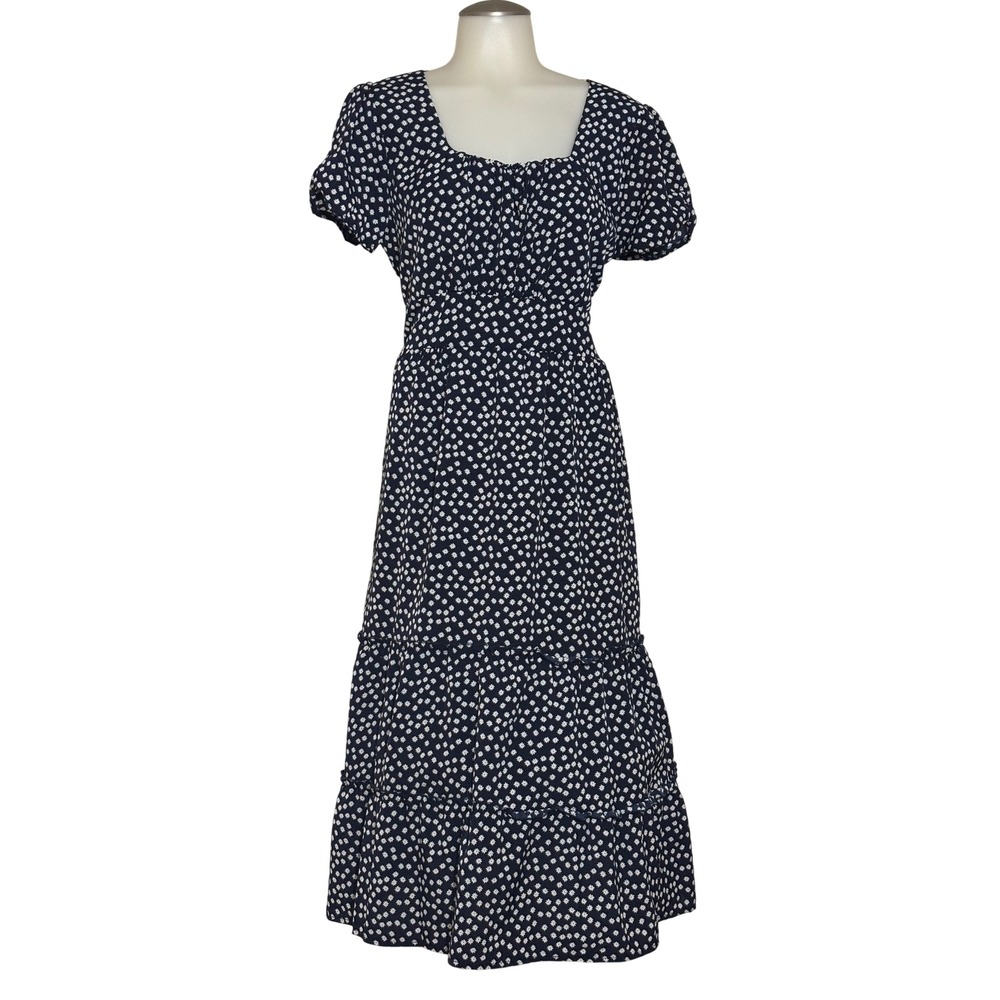 Midi Dress Women 2XL Navy Blue Floral Tiered Smocked Puff Sleeve Like New
